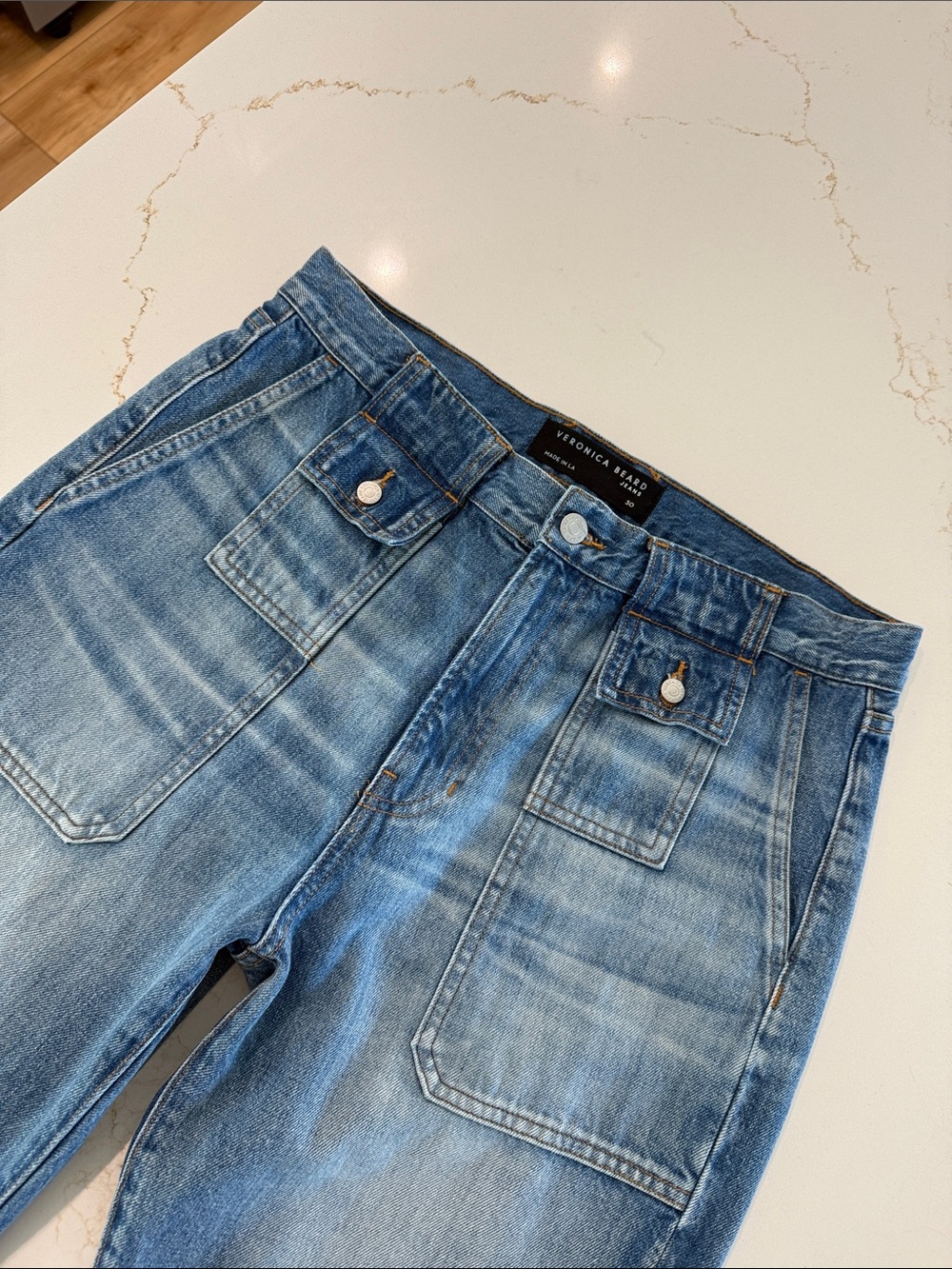 Veronica Beard Faded Blue Crosbie Wide Leg Women’s Jeans with Front Patch Pocket